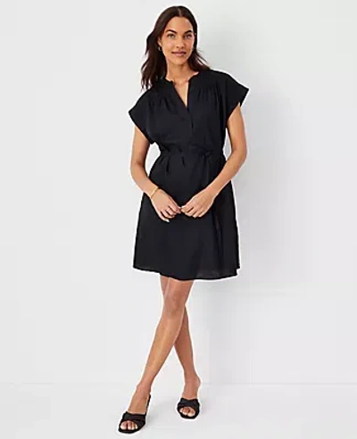 Ann Taylor Linen Blend Belted Split Neck Shift Dress In Black