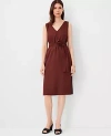 Ann Taylor Linen Blend Belted V-neck Sheath Dress In Brown Stone
