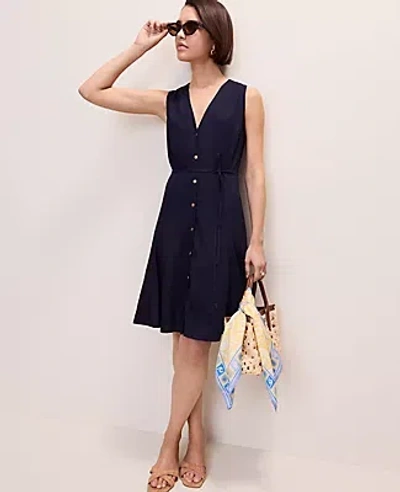 Ann Taylor Linen Blend Flare Dress In Blue