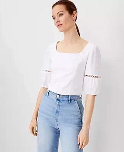 Ann Taylor Linen Blend Square Neck Puff Sleeve Top In White