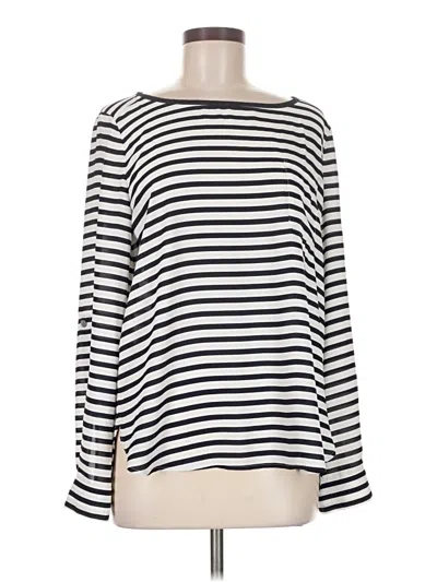 Pre-owned Ann Taylor Loft Long Sleeve Top Ivory Stripes Pattern Boatneck Tops In White