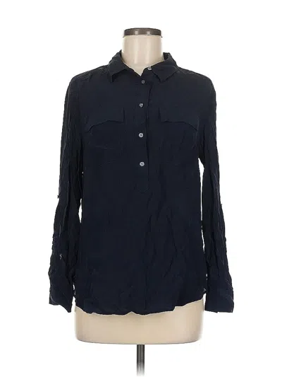 Pre-owned Ann Taylor Long Sleeve Silk Top Black Collared Neckline Tops