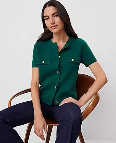 Ann Taylor Metallic Button Short-sleeve Cardigan In Fresh Evergreen