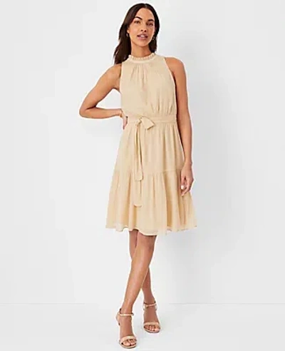 Ann Taylor Metallic Dobby Halter Flare Dress In Toasted Oat