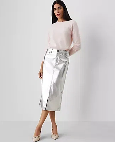 Ann Taylor Metallic Faux-leather Column Midi Skirt In Silver Metallic