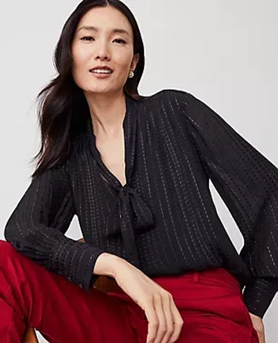 Ann Taylor Metallic Stripe V-neck Bow Blouse In Black