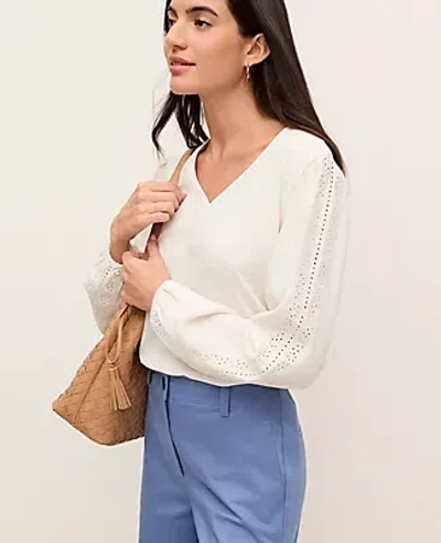 Ann Taylor Mixed Media Embroidered Blouse In White