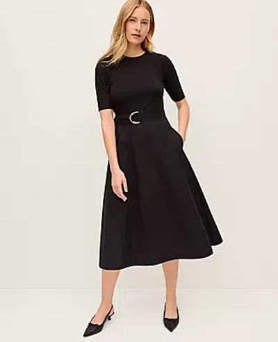 Ann Taylor Mixed Media Flare Midi Dress In Black