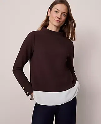 Ann Taylor Mixed Media Mock Neck Top In Brown