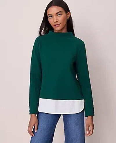 Ann Taylor Mixed Media Mock Neck Top In Green