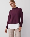 Ann Taylor Mixed Media Mock Neck Top In Plum Rose