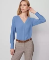 Ann Taylor Mixed Media Pleat Front Top In Blue
