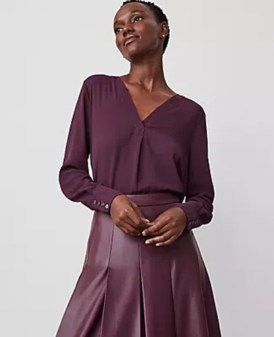 Ann Taylor Mixed Media Pleat Front Top In Plum Rose