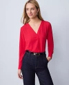 Ann Taylor Mixed Media Pleat Front Top In Red