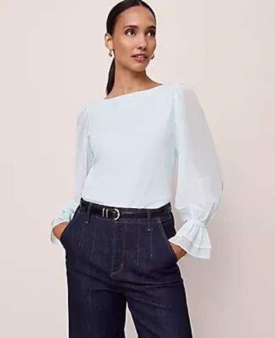 Ann Taylor Petite Chiffon Sleeve Boatneck Top In Blue