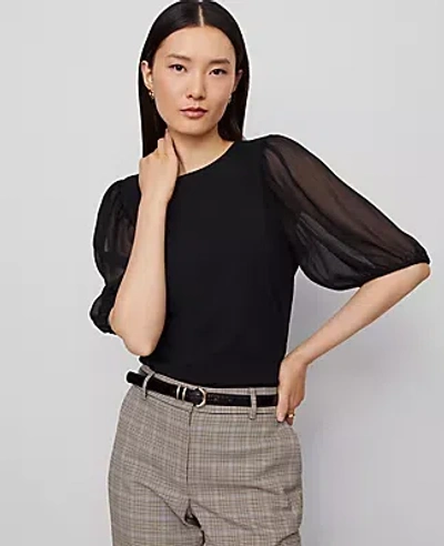 Ann Taylor Mixed Media Pleated Sleeve Top In Black