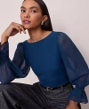 Ann Taylor Mixed Media Pleated Sleeve Top In Blue