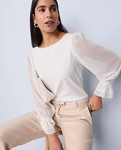 Ann Taylor Mixed Media Pleated Sleeve Top In White