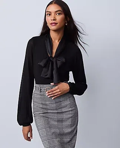 Ann Taylor Mixed Media Tie Neck Top In Black