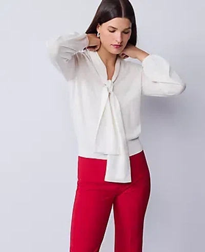 Ann Taylor Mixed Media Tie Neck Top In White