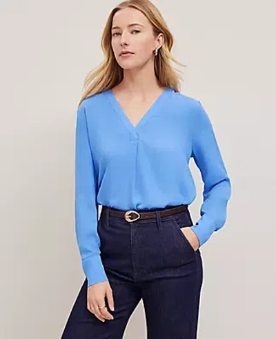 Ann Taylor Mixed Media V-neck Top In Maritime Blue