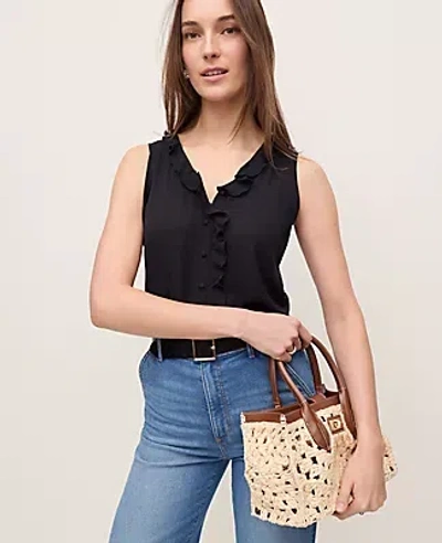 Ann Taylor Mixed Media V-neck Ruffle Shell Top In Black