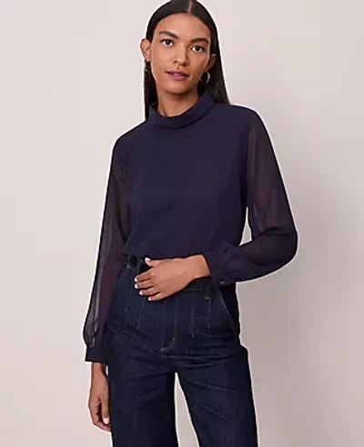 Ann Taylor Mock Neck Blouse In Blue