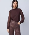 Ann Taylor Petite Mock Neck Blouse In Brown
