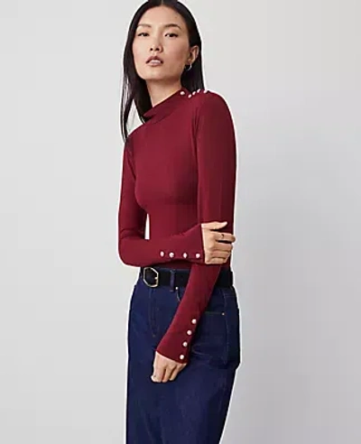 Ann Taylor Mock Neck Button Top In Deep Auburn