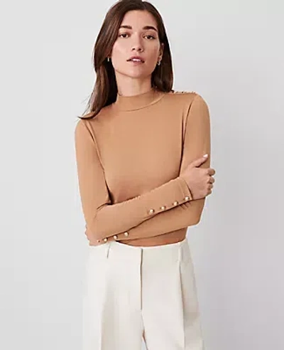 Ann Taylor Mock Neck Button Top In Perfect Camel