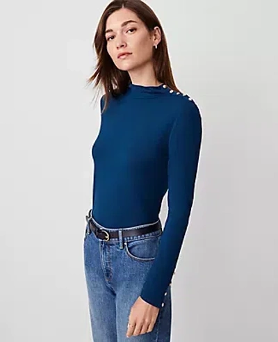 Ann Taylor Mock Neck Button Top In Sea Storm
