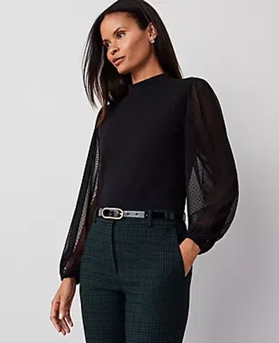 Ann Taylor Mock Neck Flocked Dot Sleeve Top In Black