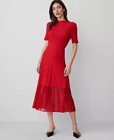 Ann Taylor Mock Neck Mixed Media Midi Dress In Bright Cherry