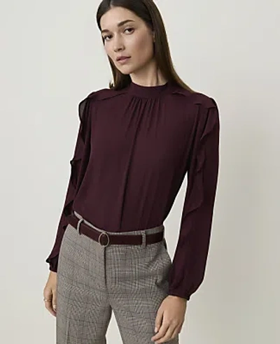 Ann Taylor Mock Neck Ruffle Trim Blouse In Purest Plum
