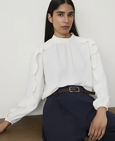 Ann Taylor Mock Neck Ruffle Trim Blouse In Winter White