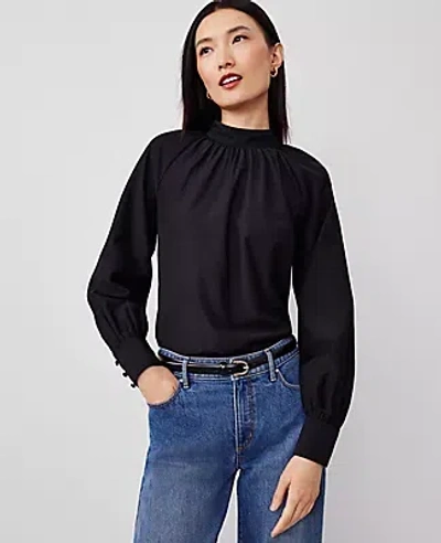 Ann Taylor Mock Neck Shirred Front Popover Top In Black