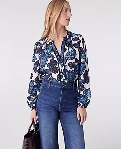 Ann Taylor Paisley Bobble Trim Blouse In Blue