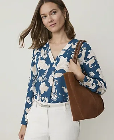 Ann Taylor Paisley Mixed Media Pleat Front Top In Blue