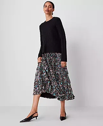 Ann Taylor Paisley Pleated Midi Skirt In Black