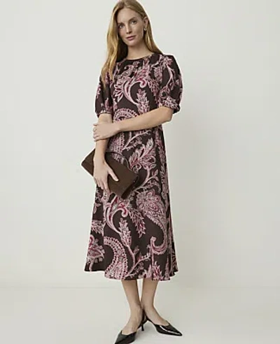 Ann Taylor Paisley Puff Sleeve Midi Dress In Brown