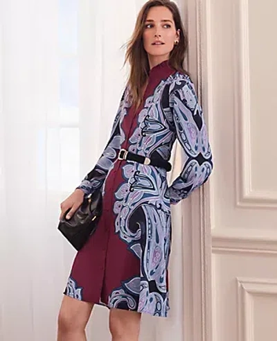 Ann Taylor Paisley Ruffle Collar Flare Dress In Burgundy