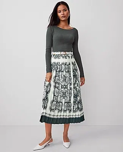 Ann Taylor Paisley Satin Pleated Midi Skirt In Dried Cilantro