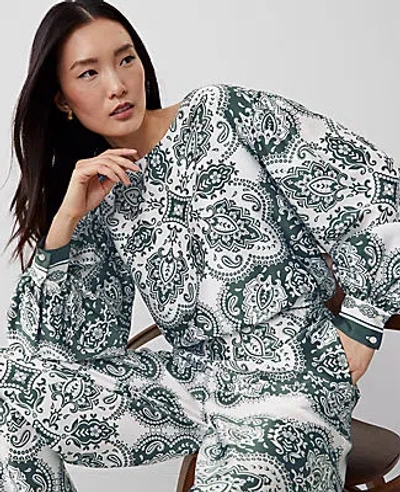 Ann Taylor Paisley Satin Shirred Bubble Top In Dried Cilantro