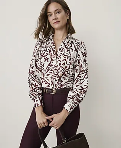 Ann Taylor Paisley Satin Split Neck Blouse In Popcorn B