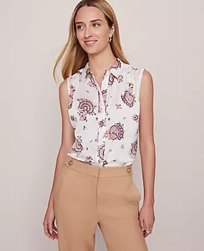 Ann Taylor Paisley Shirred Sleeveless Shirt In White