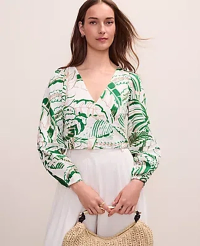 Ann Taylor Palm Print Embroidered V-neck Blouse In Green