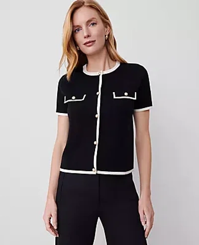 Ann Taylor Pearlized Button Short-sleeve Cardigan In Black/white Combo