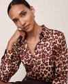 Ann Taylor Petite Animal Print Satin Button Down Shirt In Brown