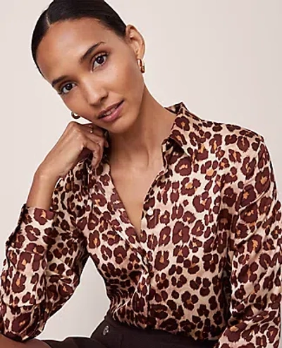 Ann Taylor Petite Animal Print Satin Button Down Shirt In Brown
