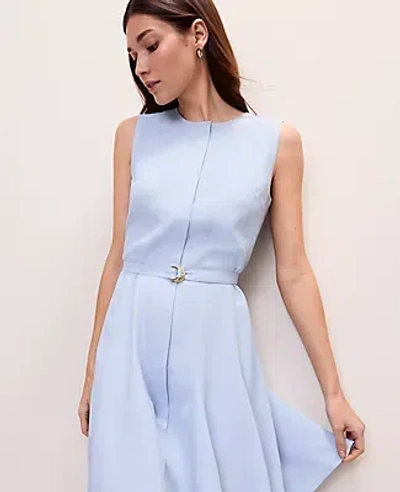 Ann Taylor Petite Belted Crew Neck Flare Dress In Blue